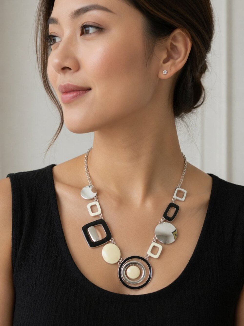 Lia Sopia Geometric Statement Necklace Silver Tone Black Ivory Modern Adjustable